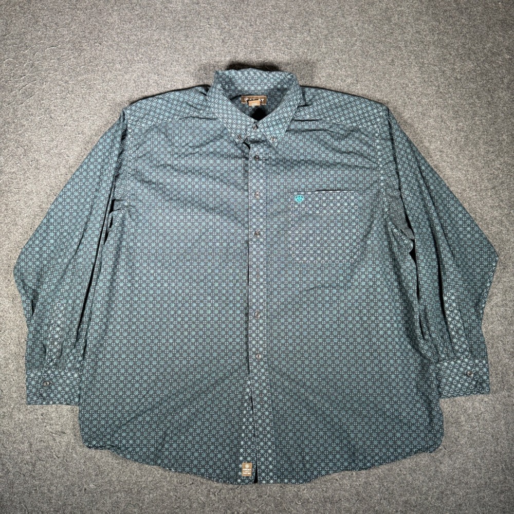 Ariat Mens 3XL Navy Teal Geometric Print Long Sleeve Western Button Down Shirt